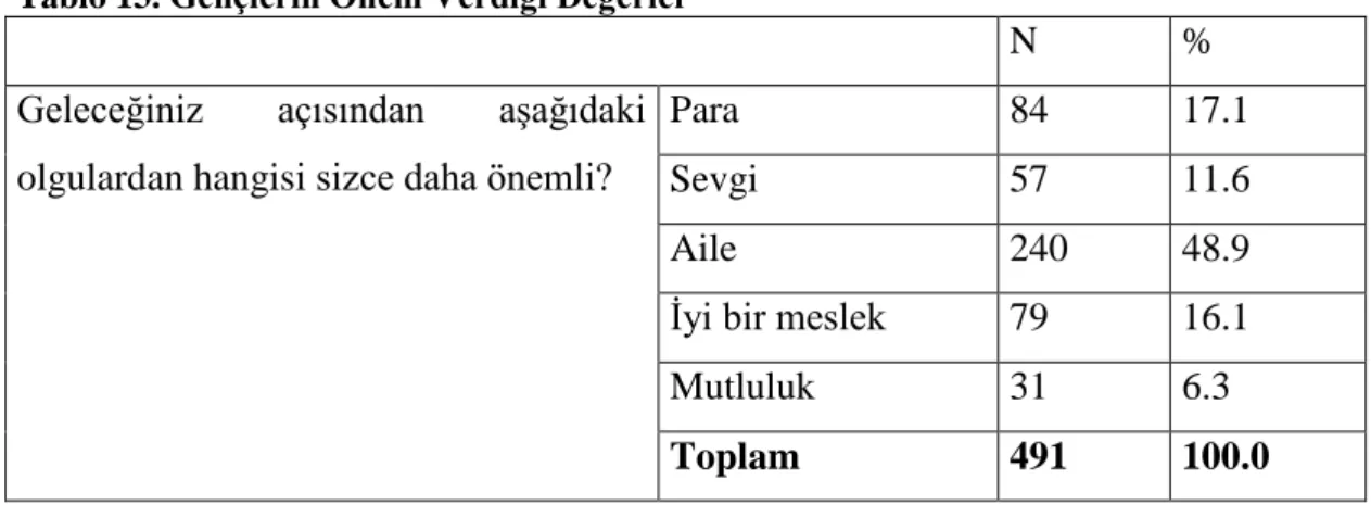 Tablo 13. Gençlerin Önem Verdiği Değerler 