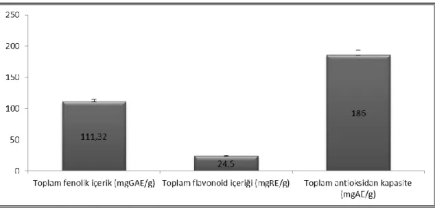 Şekil 4.4. Scolymus hispanicus’un toplam fenolik ve flavonoid içerikleri ile toplam antioksidan kapasitesi 