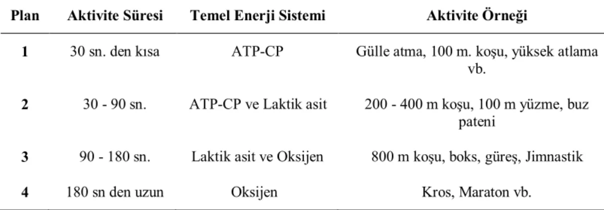 Çizelge 1.3. Fiziksel Aktivitelerin Enerji Yolları (Günay ve Cicioglu 2001). 