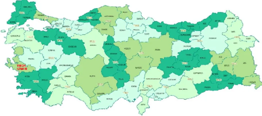 Figure  1.  The  location  of  TR31  Region and other regions in NUT  2 Level (Redrawn from the figure  of Republic of Turkey Ministry of  Development, 2013) 