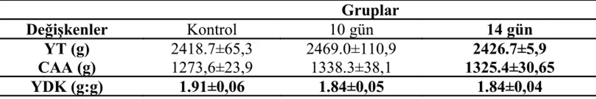 Çizelge  5. Kuluçkada  uygulanan  havalandırmasız  şartların  3-6 haftalık  yetiştirme  periyodu sonunda erkek broylerlerin, YT, CAA ve YDK üzerine etkileri.