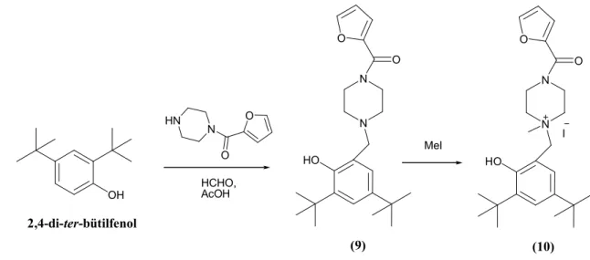 Şekil 4.51. 2,4-di-ter-bütil-6-[(4-metilpiperazinyum-1-il)(furan-2-il)metanon]metilen fenol (10)'  ün sentezi  Bileşik 9 Bileşik 10Name Description4000 3500 3000 2500 2000 1500 1000 650994850556065707580859095cm-1%T3114,42961,72818,21648,6C=O3112,22959,628