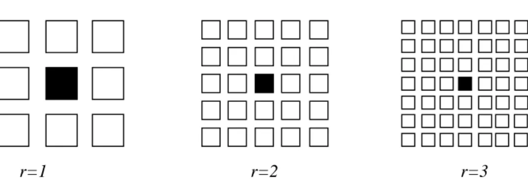 Şekil 4.3. Hücresel yapay sinir ağlarında (HYSA) r=1, r=2, r=3 komşuluğu için hücre ilişkileri 