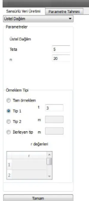 Şekil 4.3. Üstel dağılım Tip I için girilen parametre ve örneklem ekranı 