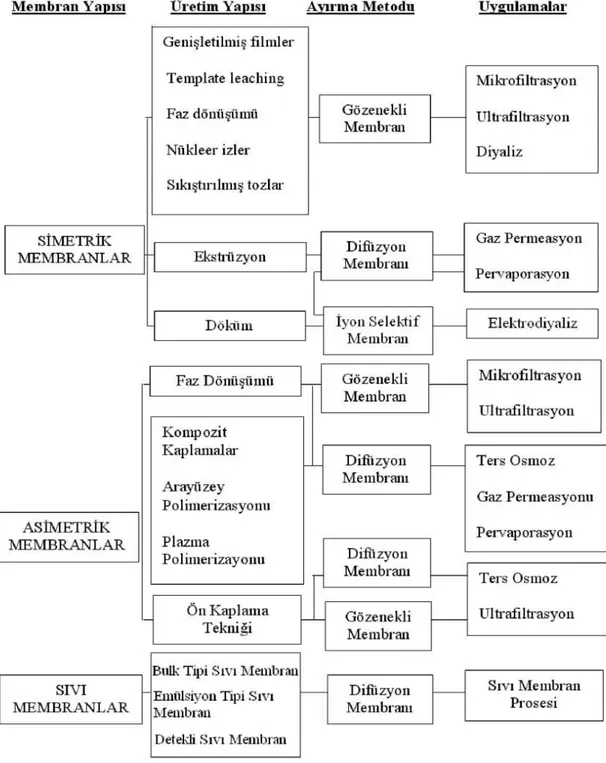 Şekil 1.6. Membran çeşitleri ve ayrıma yöntemleri (Sürücü, 2008) 