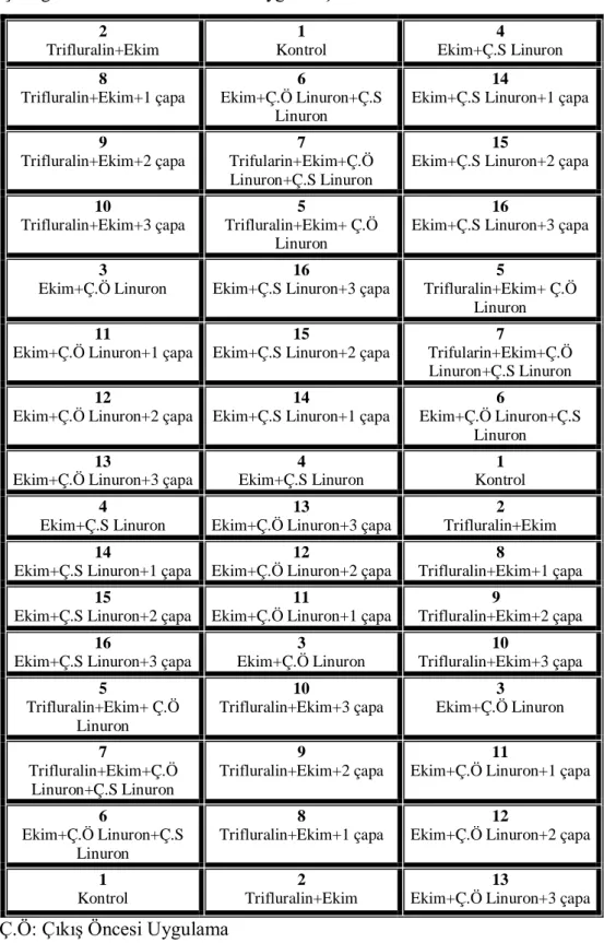 Çizelge 3.4. Denemenin arazide uygulanışı*  2  Trifluralin+Ekim  1  Kontrol  4  Ekim+Ç.S Linuron  8  Trifluralin+Ekim+1 çapa  6  Ekim+Ç.Ö Linuron+Ç.S  Linuron  14 