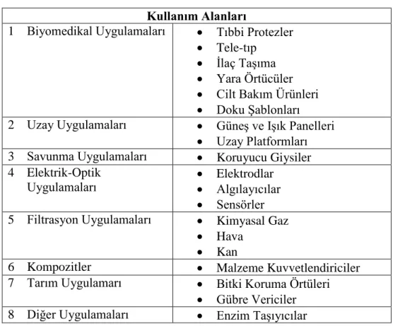 Tablo 1.1. Nanoliflerin uygulama alanları (Gündüz, 2014) 