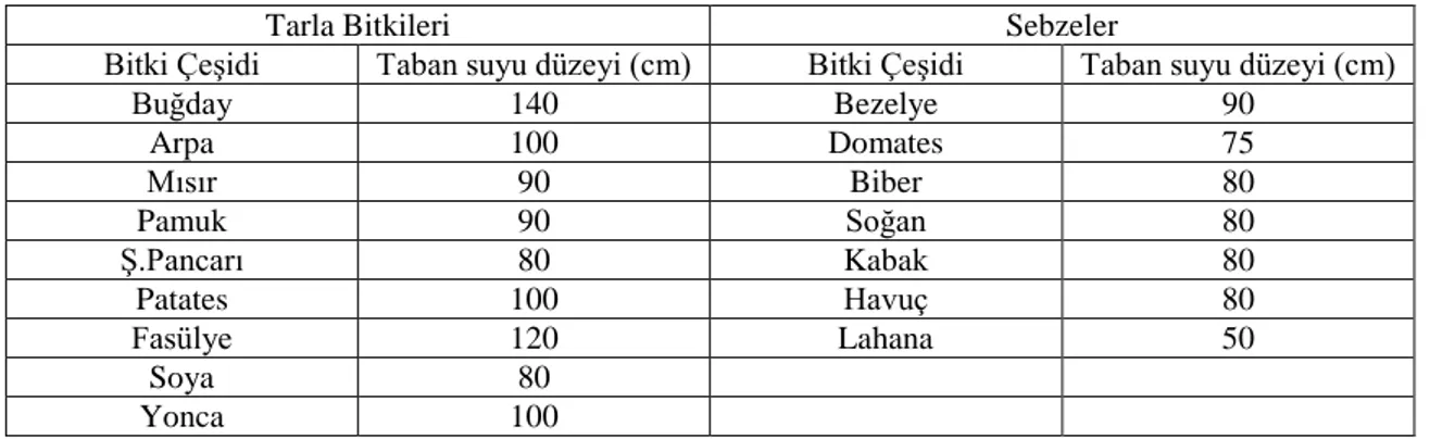 Çizelge 2.1. Farklı bitki türleri için optimum taban suyu düzeyleri  