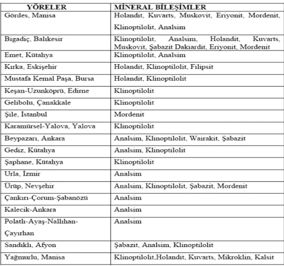 Tablo 2.2.  Türkiye deki mevcut zeolit mineralleri ve yöreleri (Özbayrak, 2004) 