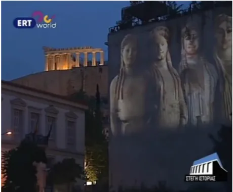 Figure  5.  New  Acropolis  Museum  Outer  Space  Projection  and  Acropolis  Ancient  Greek  Temple  (youtube  the  opening  of  new  museum: Acropolis)