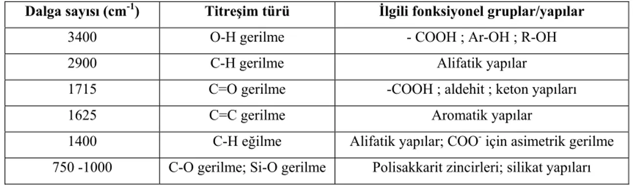 Tablo 1.3. Hümik ve fulvik asitlerin FTIR spektrumlarında gözlenen bazı karakteristik bantlar ve bu  bantların ilgili olduğu yapılar  