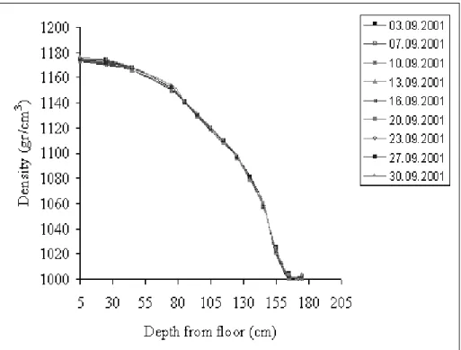 Figure 2. Densities at various depths of pond