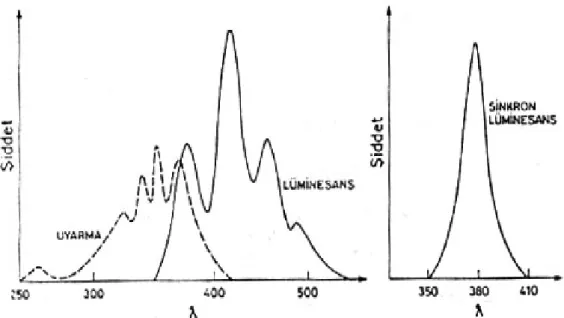 Şekil 2. 4. Antrasenin uyarma, lüminesans ve senkron lüminesans spektrumları  Özellikle fosforesans ölçümlerinde birden fazla bileşenin birarada nicel analizini  gerçekleştirebilecek bir başka yöntem de ışık kaynağı belli bir süre kapatıp fosforesans  şidd