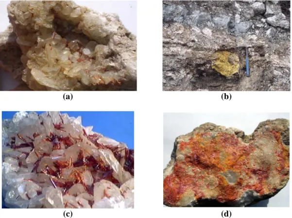 Şekil 2.2. Doğada bulunan mineraller ile arseniğin ilişkisi : (a) Arsenik minerali (kırmızı renkli)  ve  bor  minerali  (beyaz),  (b)  Bor  mineralleri  ile arsenik  (origpiment; sarı)  (Hisarcık  Emet),  (c)  Kolemanit arsenik birlikteliği (Hisarcık-Emet)