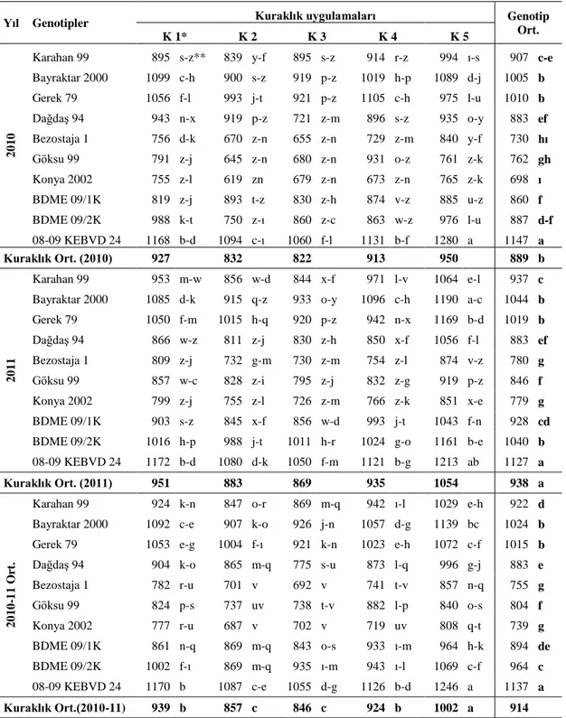 Çizelge 4.9. Ekmeklik buğday genotiplerinde  farklı kuraklık uygulamalarında tespit edilen metrekarede  fertil başak sayısı (adet)  