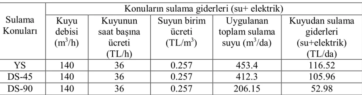 Çizelge 4.8. Sulama yöntemlerinin birim alana sulama suyu + enerji masrafı 