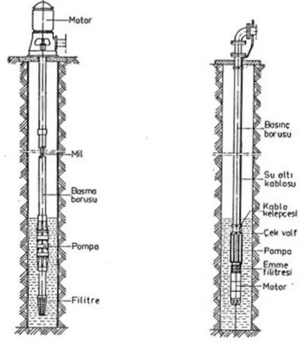 Şekil 2.1. Derin kuyu dalgıç ve milli pompalarının yapısal görünüşü (İkizler ve Samioğlu, 1979) 