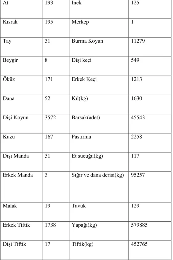 Tablo  13:  Konya’dan  Bir  Yıl  İçerisinde  Şehir  Dışına  Gönderilen  Hayvan  ve  Hayvansal  Ürünler   