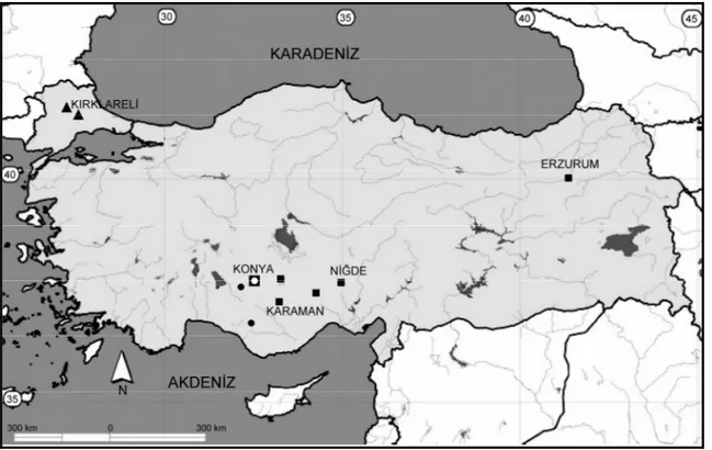 Şekil 3.1. Türkiye'de Spermophilus cinsine ait türlerin toplandığı lokaliteler. S. citellus (▲), S