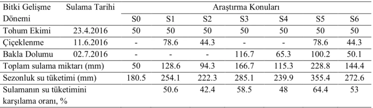 Çizelge 4.1. Deneme konularına uygulanan sulama suyu miktarları (mm) ve sulama tarihleri  Bitki Gelişme  