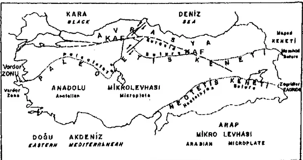 Şekil 4.3 Anadolu’nun kıtasal kabuk parçalarını ve Kuzey Anadolu Fayı (KAF)’nın Anadolu’daki  konumu (Şengün ve diğ., 1990)
