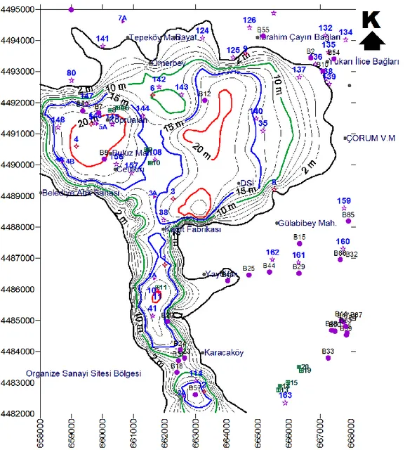 Şekil 4.6. Çorum Deresi Havzası Örnek Lokasyonları ve Alüvyon akifere ait eşkalınlık haritası  (Apaydın, 1993’den değiştirilerek)