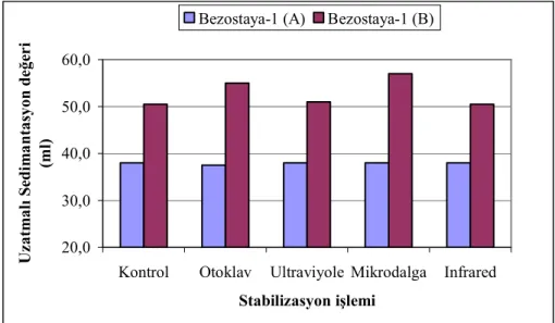 Şekil 4.8.  Tam buğday unu örneklerinin uzatmalı sedimantasyon değerleri   üzerine etkili “Buğday örneği x Stabilizasyon işlemi” interaksiyonu 