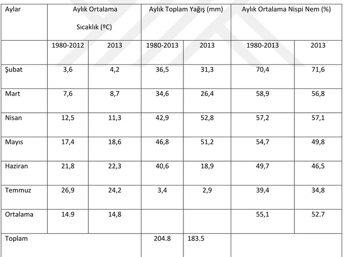 Çizelge 3.1 Deneme yerinin uzun yıllar ortalaması (1980-2012) ve 2013 sezonuna ait sıcaklık,  nispi nem ve yağış miktarı değerleri 