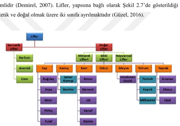 Şekil 2.7.  Sentetik ve doğal liflerin sınıflandırılması (Avcı, 2012) 