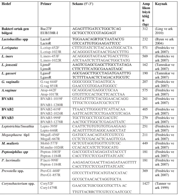 Çizelge  2.6.1.  Hedef  bakterilere  ait  primer  dizileri  ve  amplikon  büyüklükleri