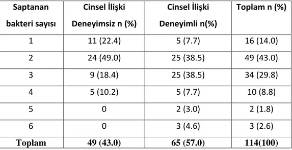 Çizelge  3.1.  İdrar  örneklerinde  belirlenen  bakteri  sayısının  ve  cinsel  ilişki  durumuna göre yüzdeleri