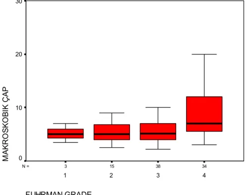 Grafik 15: Fuhrman çekirdek derecelerine göre makroskopik tümör çaplarının dağılımı  Renal hücreli karsinomlarda daha önce pek çok çalışmada prognostik önemi 