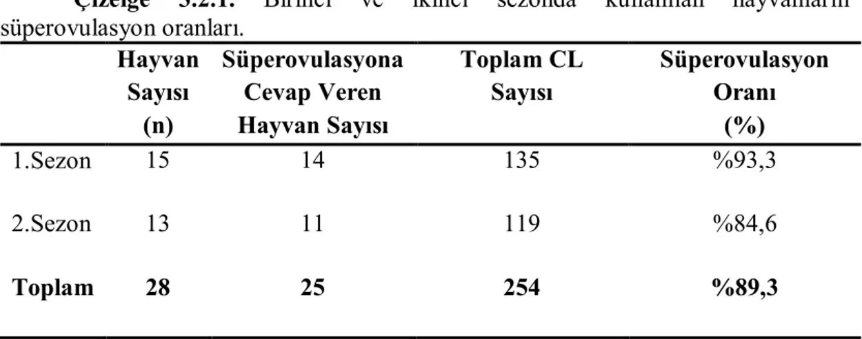 Çizelge  3.2.1.  Birinci  ve  ikinci  sezonda  kullanılan  hayvanların  süperovulasyon oranları