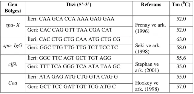 Çizelge 3.1. PCR uygulaması için kullanılan primerler                           Gen  Bölgesi  Dizi (5’-3’)  Referans  Tm ( 0 C)  spa- X 