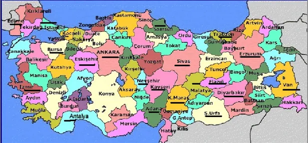 Şekil 2.1: Türkiye’deki kanser kayıt merkezleri (25/04/2002 T.C. Sağlık Bakanlığı). 