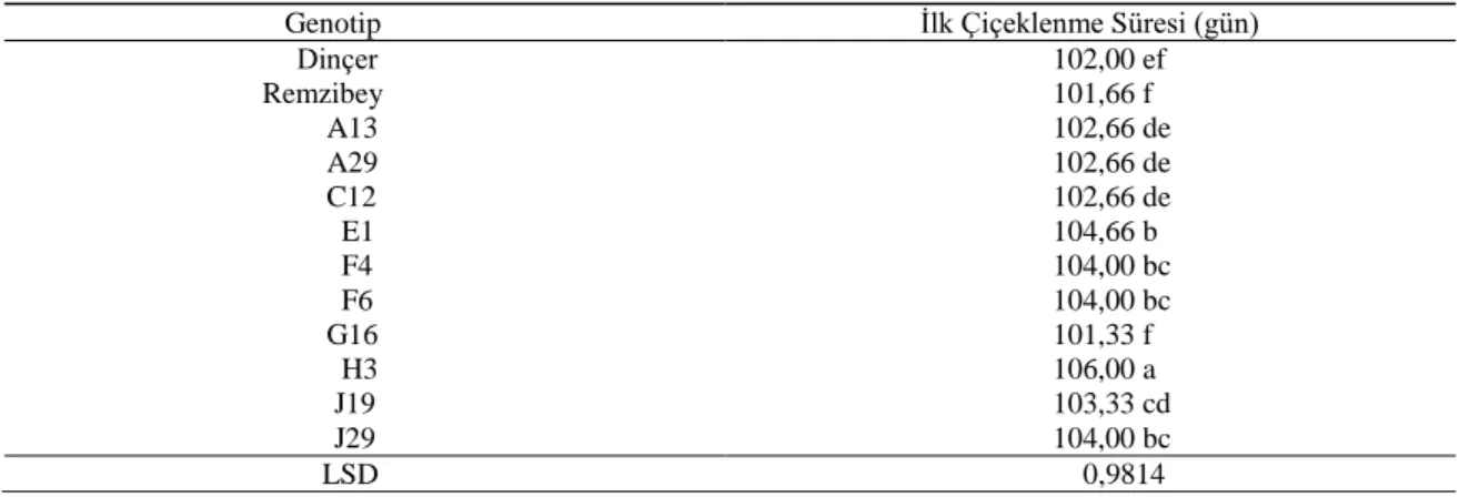 Çizelge 4.2.2. Aspir genotiplerine ait ilk çiçeklenme süresi ortalama değerleri (gün) ve oluşan “LSD” testi  grupları 