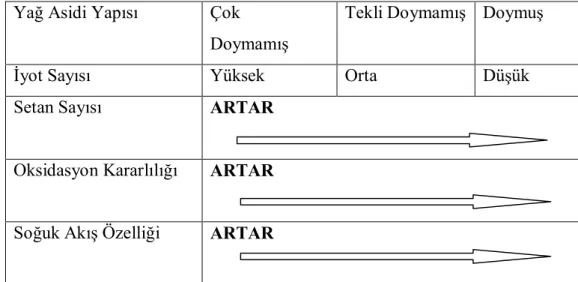 Şekil  1.1.  Yağ  Asidi  Profilinin  Oksidasyon  ve  Diğer  Yakıt  Özelliklerine  Etkisi  (Karahan, 2005) 