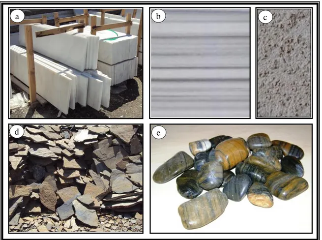 Şekil 1.2. a) Mermerlerden genel bir görünüm, b) yüzeyi cilalı mermerler, c) yüzeyi cilasız (honlu)  mermerler, d) kayrak taşları, e) çakıl taşları 