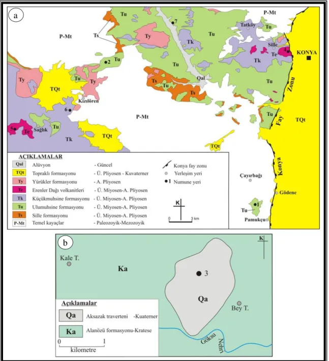 Şekil 1.7. Konya bölgesinine ait jeoloji haritaları a) Konya il merkezi ve çevresinin genelleştirimiş jeoloji  haritası  (Aksoy  ve  Demiröz,  2012  ve  R