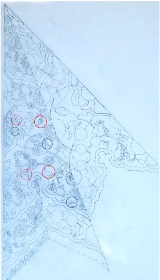 Şekil 51 Büyük yarım kubbenin deseninde hatalı kısımlar daire içinde görülmektedir. 