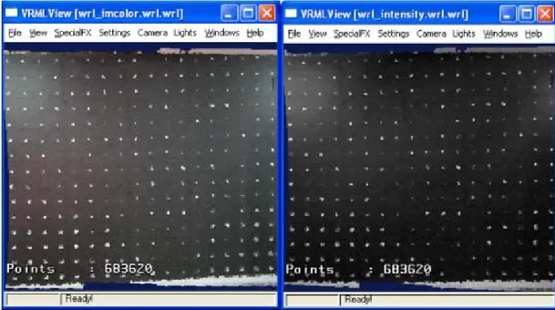 Şekil 3.12. Lazer tarama noktalarının kamera renkleri (solda) ve yansıma değerleri ile görüntüsü (sağda)