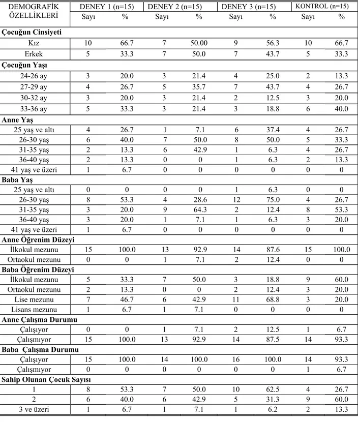 Çizelge 1.  Araştırmaya Dâhil Edilen Anne ve Çocuklarına  İlişkin Demografik  Özellikler 