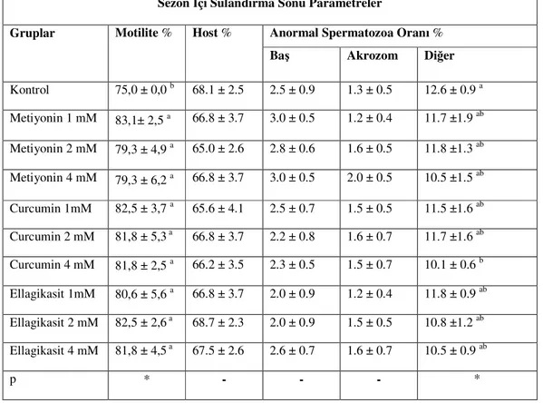 Çizelge 1.1. :Sezon içi sulandırma sonrasına ait spermatolojik parametreler (x±SEM) 