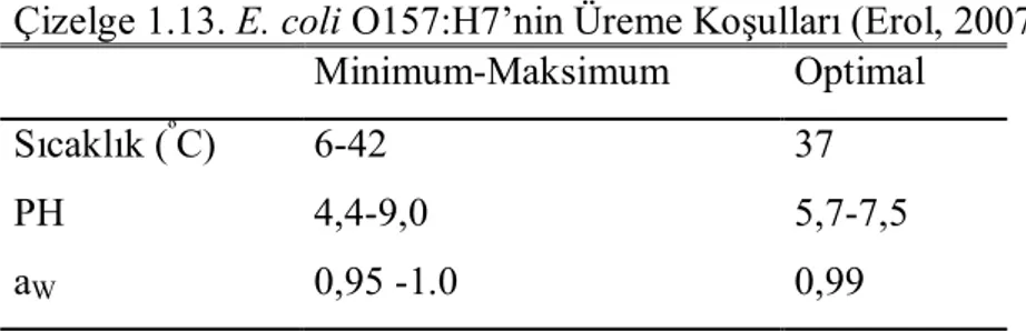 Çizelge 1.13. E. coli O157:H7’nin Üreme Koşulları (Erol, 2007)  Minimum-Maksimum  Optimal 
