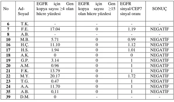 Çizelge  3.3.  Kontrol  grubunda  EGFR  geni  için  kriterlere  göre  yapılan  negatiflik– pozitiflik değerlendirmesi bulguları  
