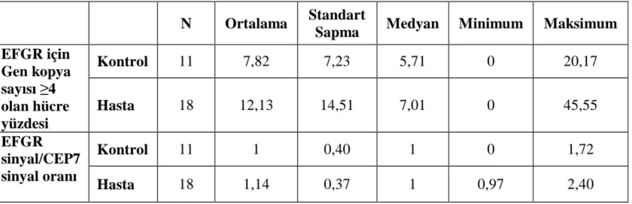 Çizelge 3.10. EGFR geni için değerlendirme kriterlerinin karşılaştırılmasında hasta  ve kontrol gruplarına ait istatistiksel değerler   