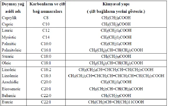 Çizelge 1.1. Biyodizel üretiminde kullanılan yağların doymuĢ asitlerin yapısal formülleri  