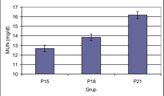 Grafik 3.2.  Farklı ham protein içeren konsantre yemden oluşturulan rasyonla  beslenen  ineklerin  doğum-gebelik  muayenesinin  yapıldığı  süreçteki  ortalama  MUN  değerleri ve standart sapmaları