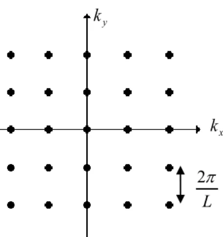 Şekil 3.1. İki boyutlu  k   uzayındaki noktalar. Burada birim nokta başına alan  ( 2  / L ) 2 dir