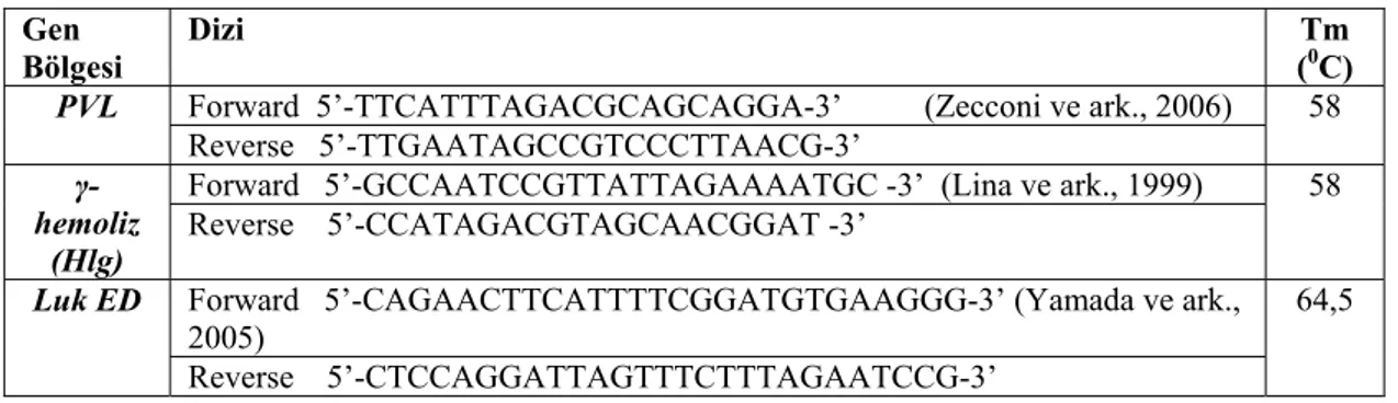 Çizelge 3.1. PCR uygulamaları için kullanılan primerler 